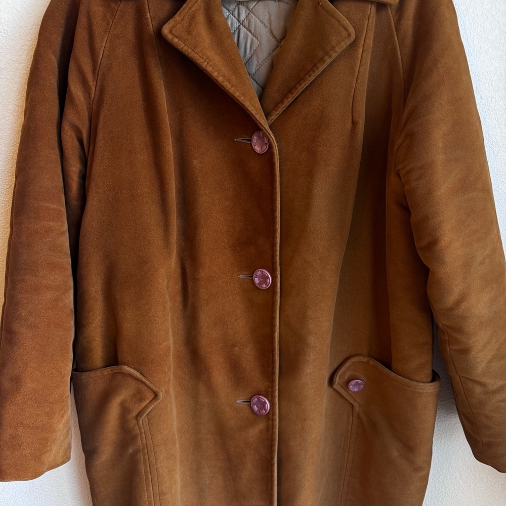Irving Posluns Brown Suede Leather Coat Jacket Women’s Large Vintage Pink Button - Picture 3 of 10